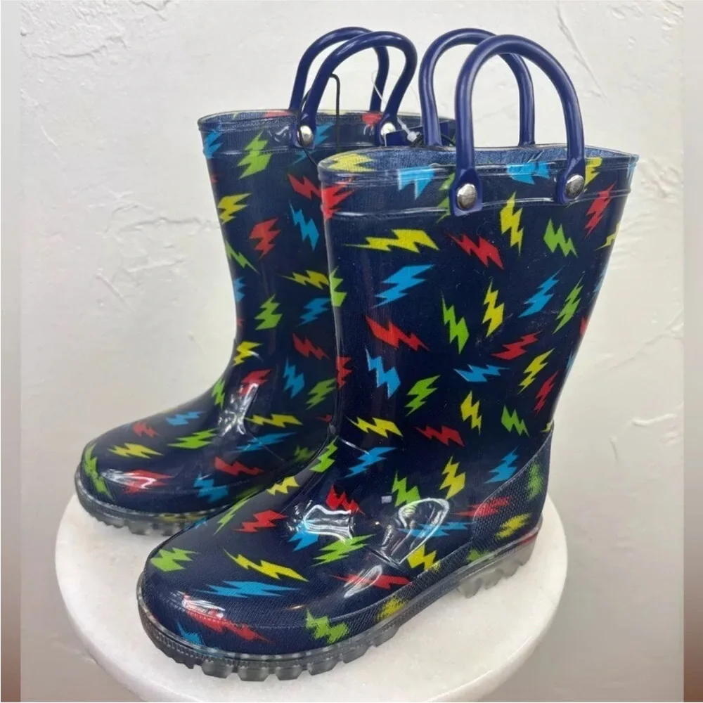 NEW Toddler Light Up‎ Rainboots Rainbow Little Girl Boy Blue Waterproof Kids 10